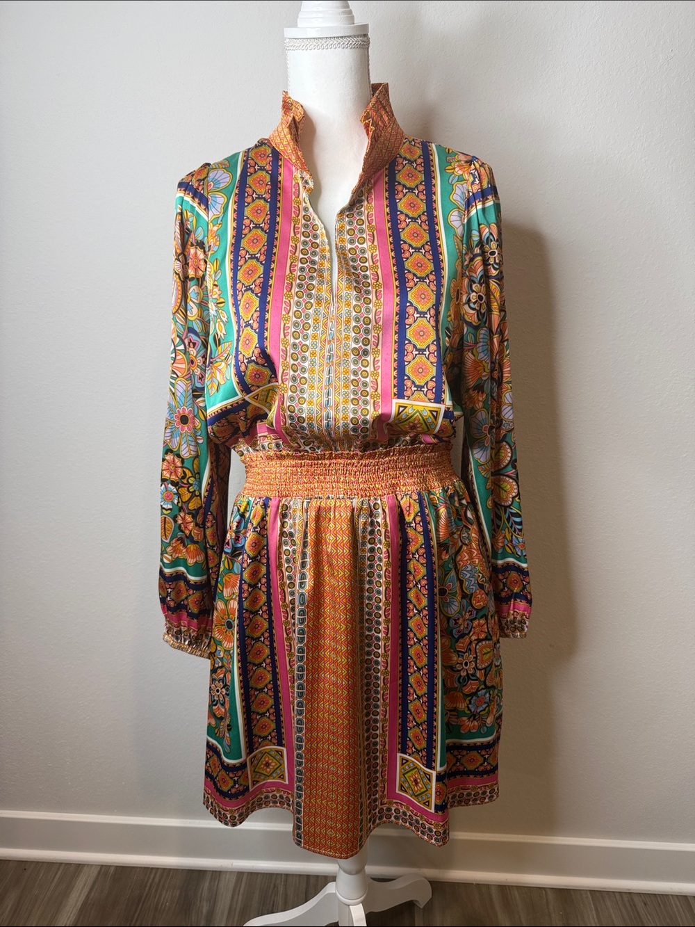 Joy Joy Multicolor Floral Stripe Smocked Dress Boutique Boho Size Large Preppy